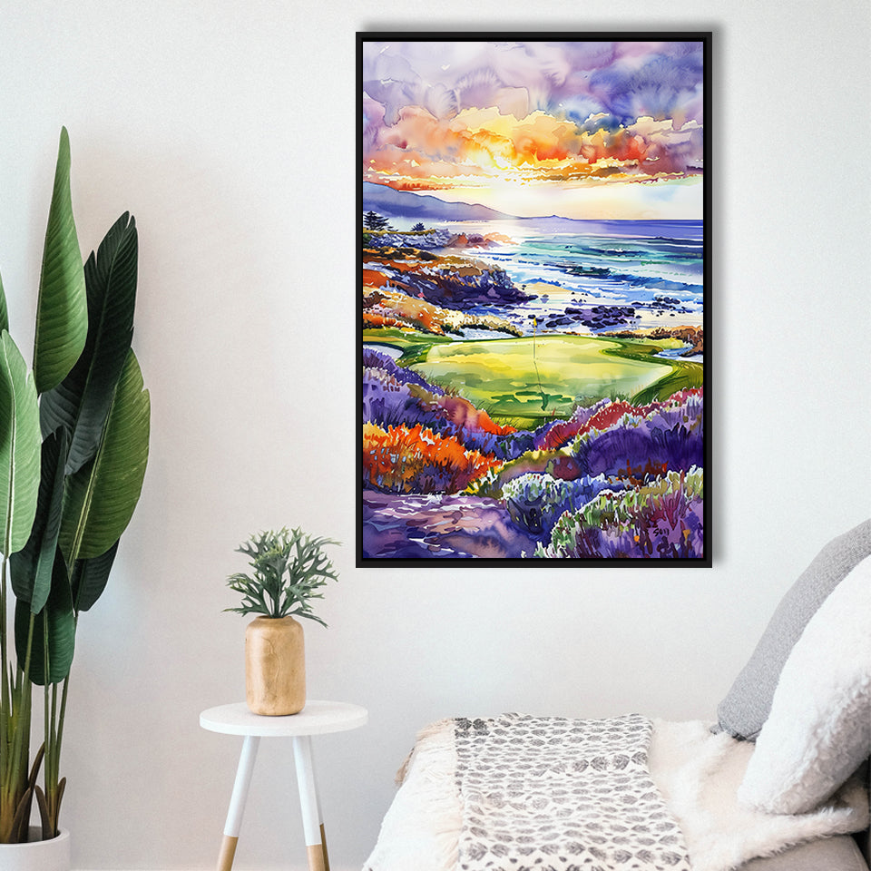 Pebble Beach Golf Course Hole 7 in Sunrise Painting, Golf Art Print, Floating Frame, Framed Canvas Print Wall Art
