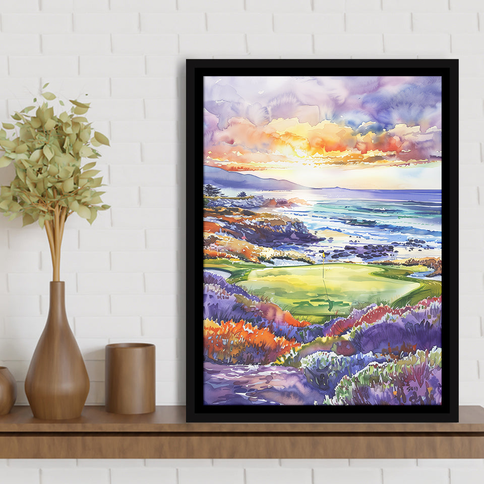 Pebble Beach Golf Course Hole 7 in Sunrise Painting, Golf Art Print, Floating Frame, Framed Canvas Print Wall Art