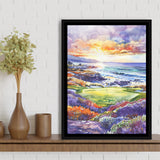 Pebble Beach Golf Course Hole 7 in Sunrise Painting, Golf Art Print, Floating Frame, Framed Canvas Print Wall Art