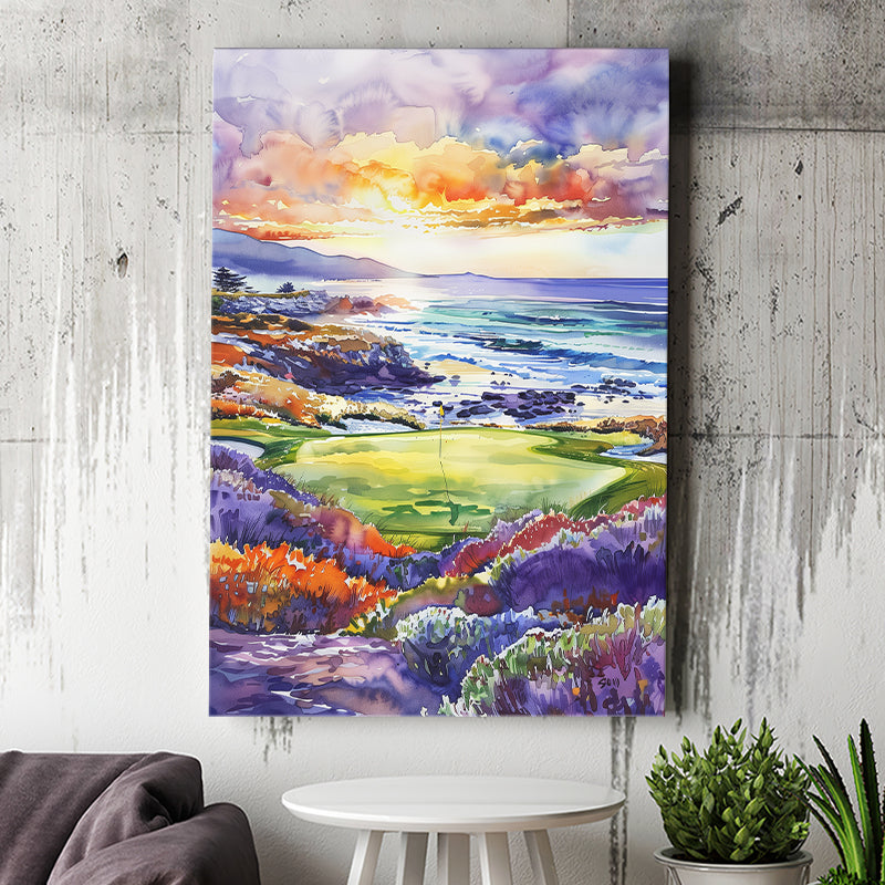 Pebble Beach Golf Course Hole 7 in Sunrise Painting, Golf Art Print, Gift for him, Canvas Print Wall Art