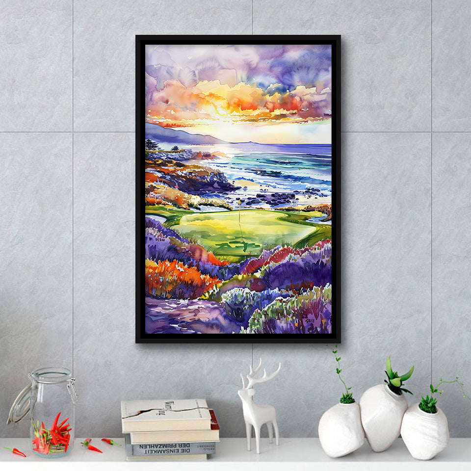 Pebble Beach Golf Course Hole 7 in Sunrise Painting, Golf Art Print, Floating Frame, Framed Canvas Print Wall Art