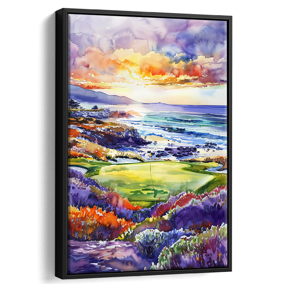 Pebble Beach Golf Course Hole 7 in Sunrise Painting, Golf Art Print, Floating Frame, Framed Canvas Print Wall Art