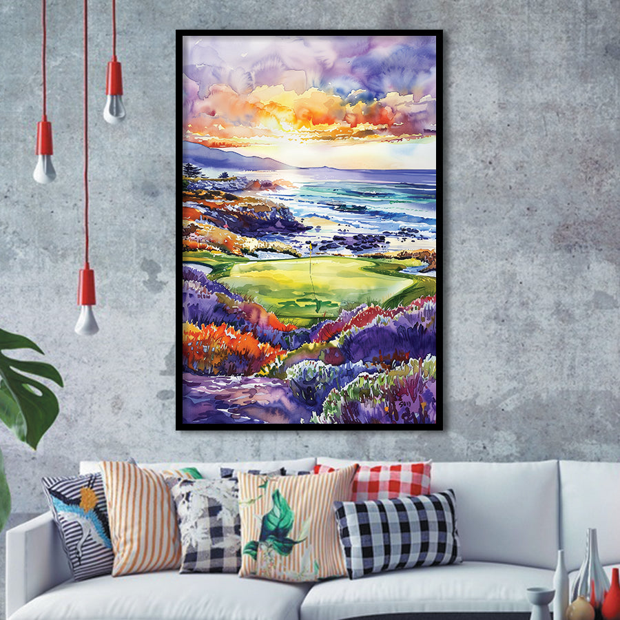 Pebble Beach Golf Course Hole 7 in Sunrise Painting, Golf Art, Gift for him, Framed Art Print Wall Decor