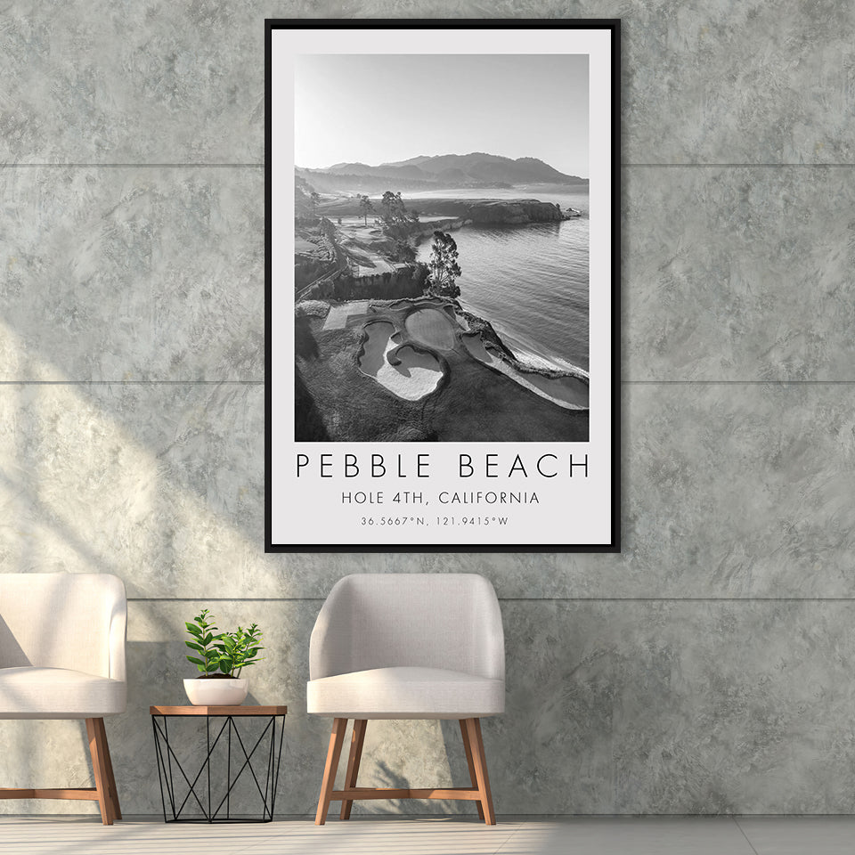 Pebble Beach Golf Links,Hole 4, Pebble Beach, Golf Art Print, Floating Frame, Framed Canvas Print Wall Art