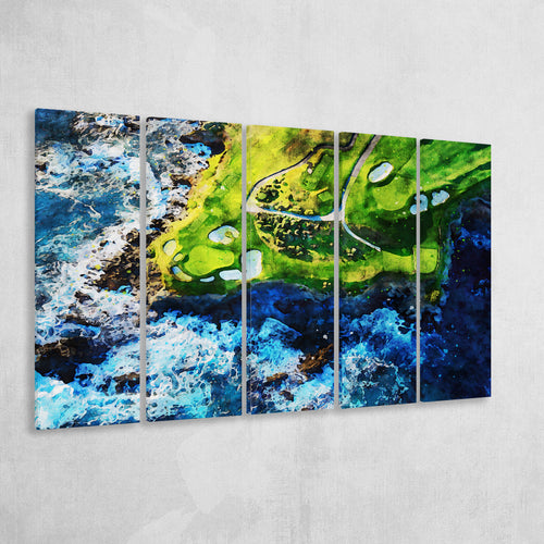 Pebble Beach Golf Links 7Th Hole, Watercolor Painting, Golf Art Print, Extra Large 5 Panel, Canvas Prints Wall Art