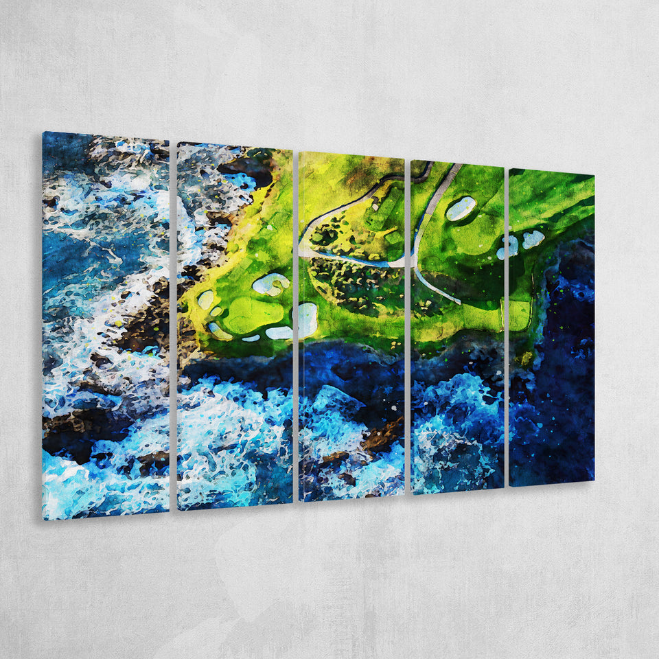 Pebble Beach Golf Links 7Th Hole, Watercolor Painting, Golf Art Print, Extra Large 5 Panel, Canvas Prints Wall Art