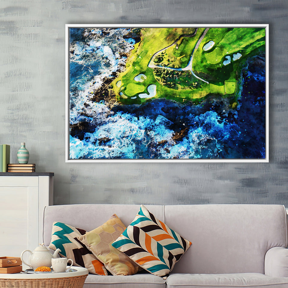 Pebble Beach Golf Links 7Th Hole, Watercolor Painting, Golf Art Print, Gift for him, Framed Canvas Prints Wall Art