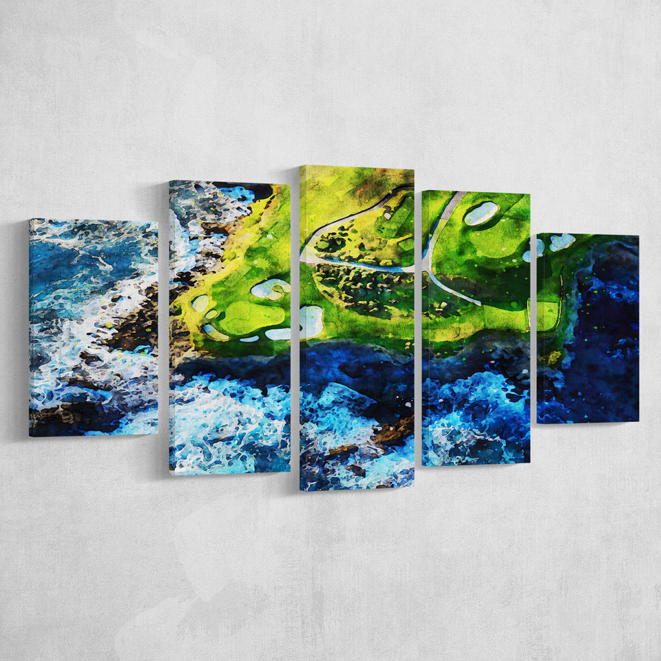 Pebble Beach Golf Links 7Th Hole, Watercolor Painting, Golf Art Print, Mixed 5 Panel, Canvas Prints Wall Art