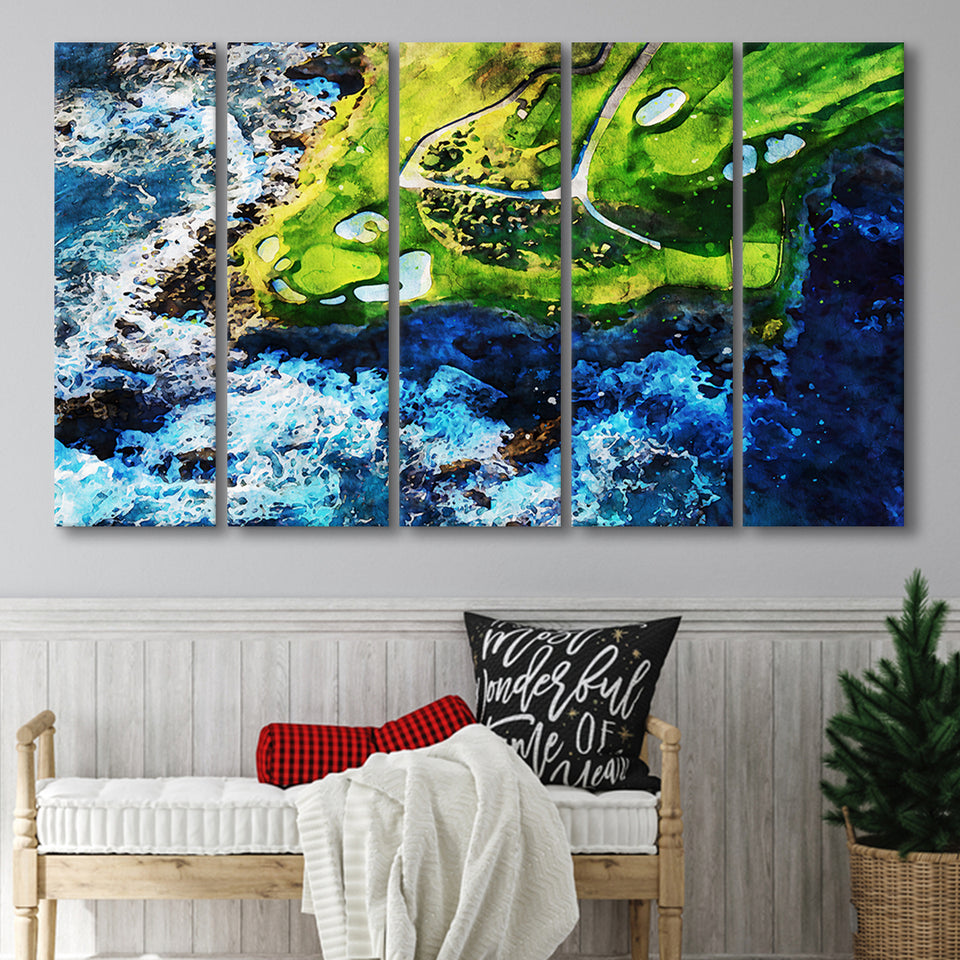 Pebble Beach Golf Links 7Th Hole, Watercolor Painting, Golf Art Print, Extra Large 5 Panel, Canvas Prints Wall Art