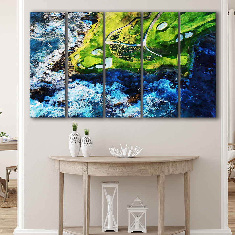 Pebble Beach Golf Links 7Th Hole, Watercolor Painting, Golf Art Print, Extra Large 5 Panel, Canvas Prints Wall Art