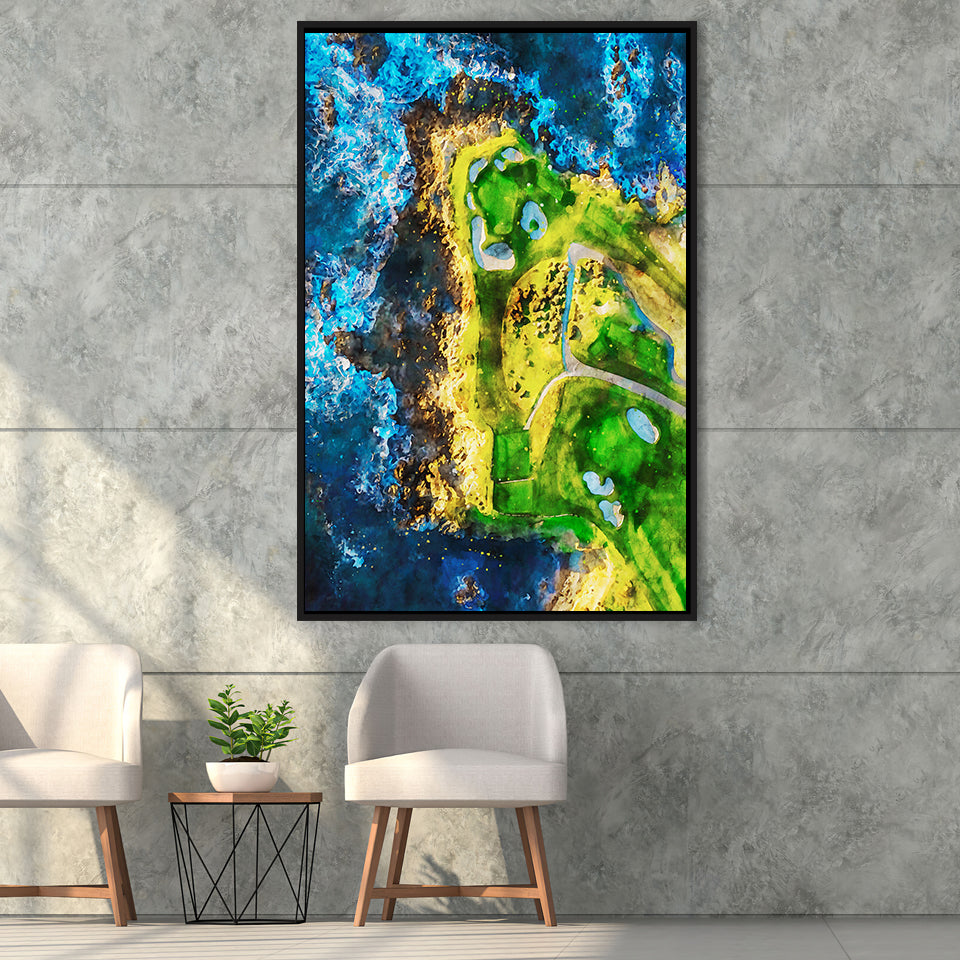 Pebble Beach Golf Links, 7th Hole, Watercolor Painting V2, Golf Art Print, Framed Canvas Print Wall Art