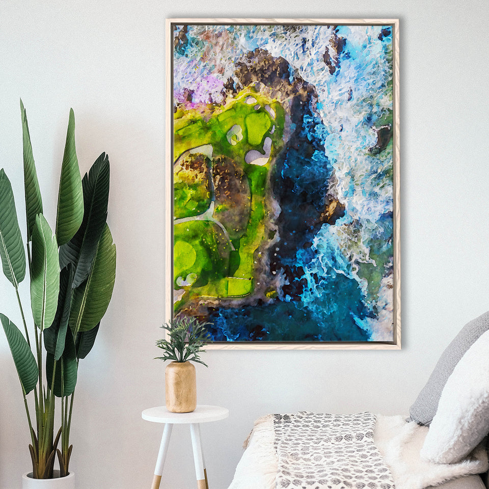 Pebble Beach Golf Links, 7th Hole, Watercolor Painting, Golf Art Print, Floating Frame, Framed Canvas Print Wall Art