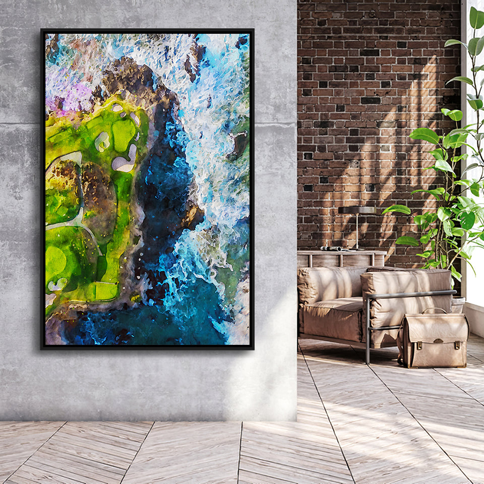 Pebble Beach Golf Links, 7th Hole, Watercolor Painting, Golf Art Print, Floating Frame, Framed Canvas Print Wall Art