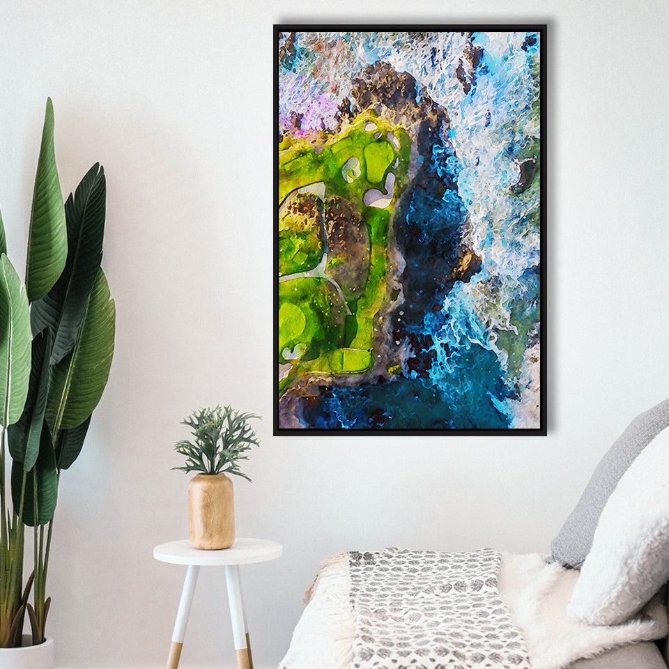 Pebble Beach Golf Links, 7th Hole, Watercolor Painting, Golf Art Print, Floating Frame, Framed Canvas Print Wall Art