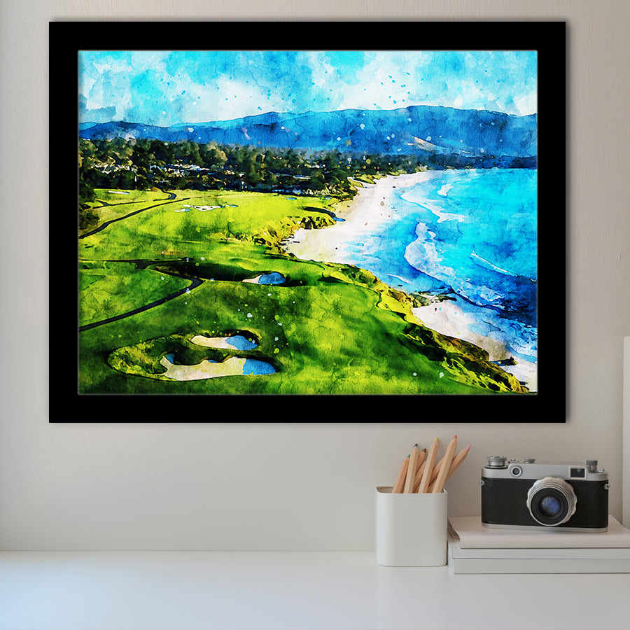 Pebble Beach Golf Links 9Th & 10Th Holes, Watercolor Painting, Golf Art, Gift for him, Framed Art Prints Wall Decor
