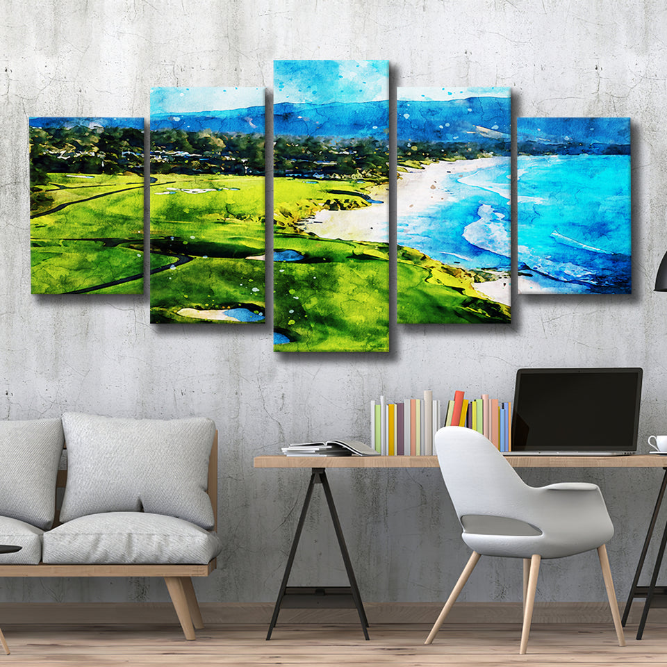 Pebble Beach Golf Links 9Th & 10Th Holes, Watercolor Painting, Golf Art Print, Mixed 5 Panel, Canvas Prints Wall Art
