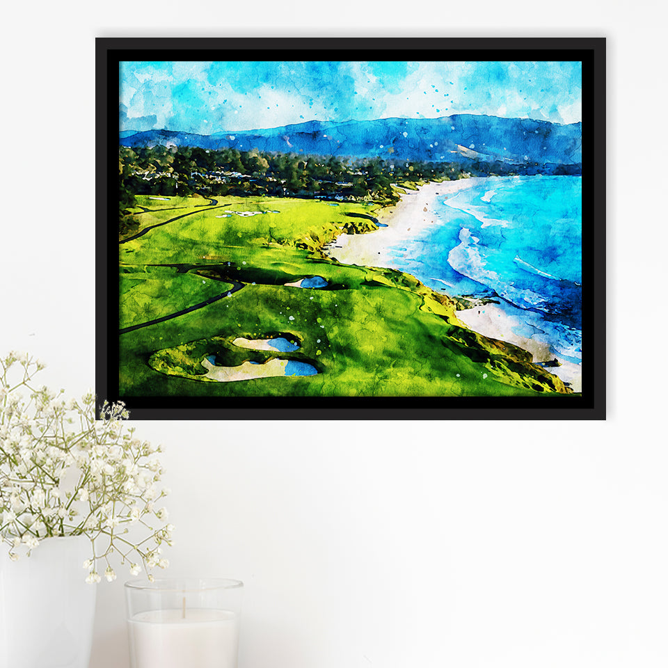 Pebble Beach Golf Links Holes 9&10, Watercolor Painting, Golf Art Print, Gift for him, Framed Canvas Prints Wall Art