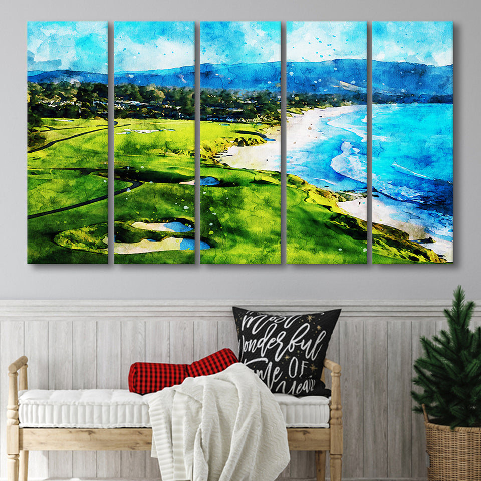 Pebble Beach Golf Links Holes 9&10, Watercolor Painting, Golf Art Print, Extra Large 5 Panel, Canvas Prints Wall Art