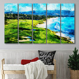Pebble Beach Golf Links Holes 9&10, Watercolor Painting, Golf Art Print, Extra Large 5 Panel, Canvas Prints Wall Art
