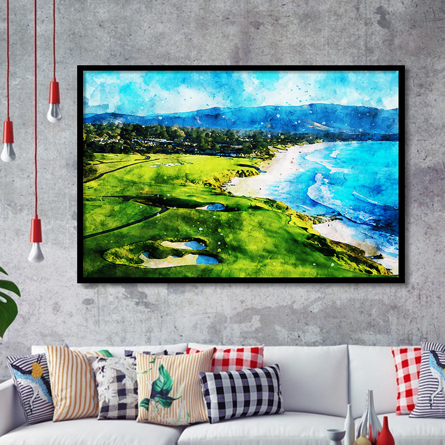 Pebble Beach Golf Links 9Th & 10Th Holes, Watercolor Painting, Golf Art, Gift for him, Framed Art Prints Wall Decor