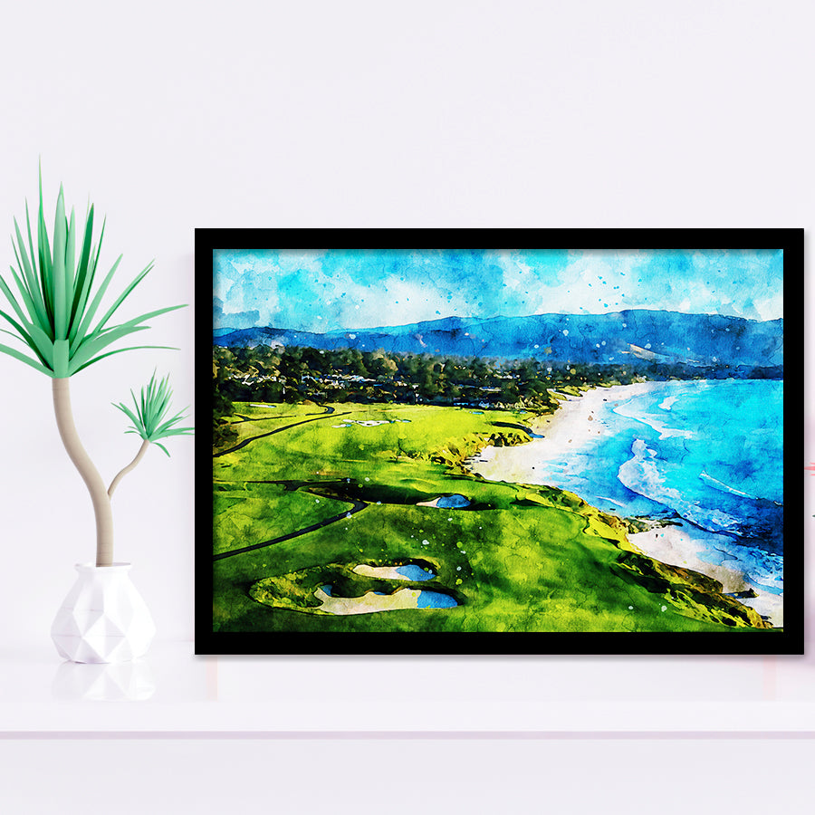 Pebble Beach Golf Links 9Th & 10Th Holes, Watercolor Painting, Golf Art, Gift for him, Framed Art Prints Wall Decor