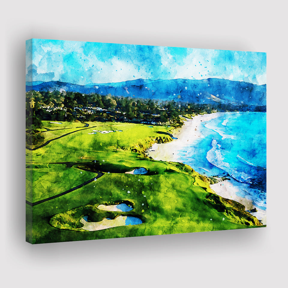 Pebble Beach Golf Links 9Th & 10Th Holes, Watercolor Painting, Golf Art Print, Gift for him, Canvas Prints Wall Art