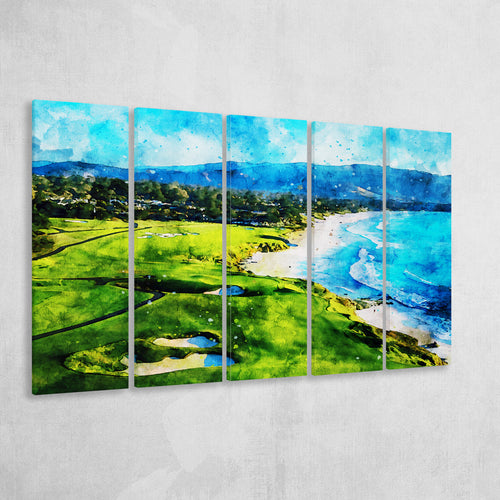 Pebble Beach Golf Links Holes 9&10, Watercolor Painting, Golf Art Print, Extra Large 5 Panel, Canvas Prints Wall Art