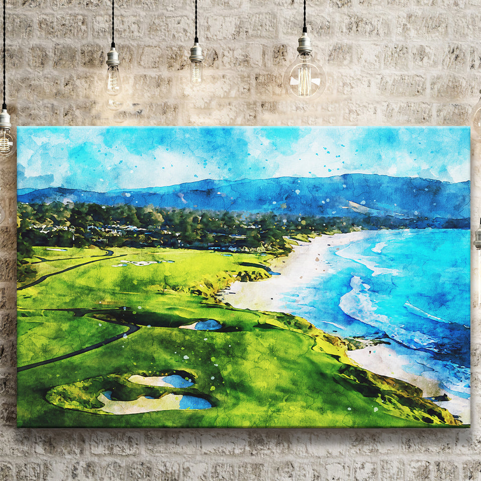 Pebble Beach Golf Links 9Th & 10Th Holes, Watercolor Painting, Golf Art Print, Gift for him, Canvas Prints Wall Art