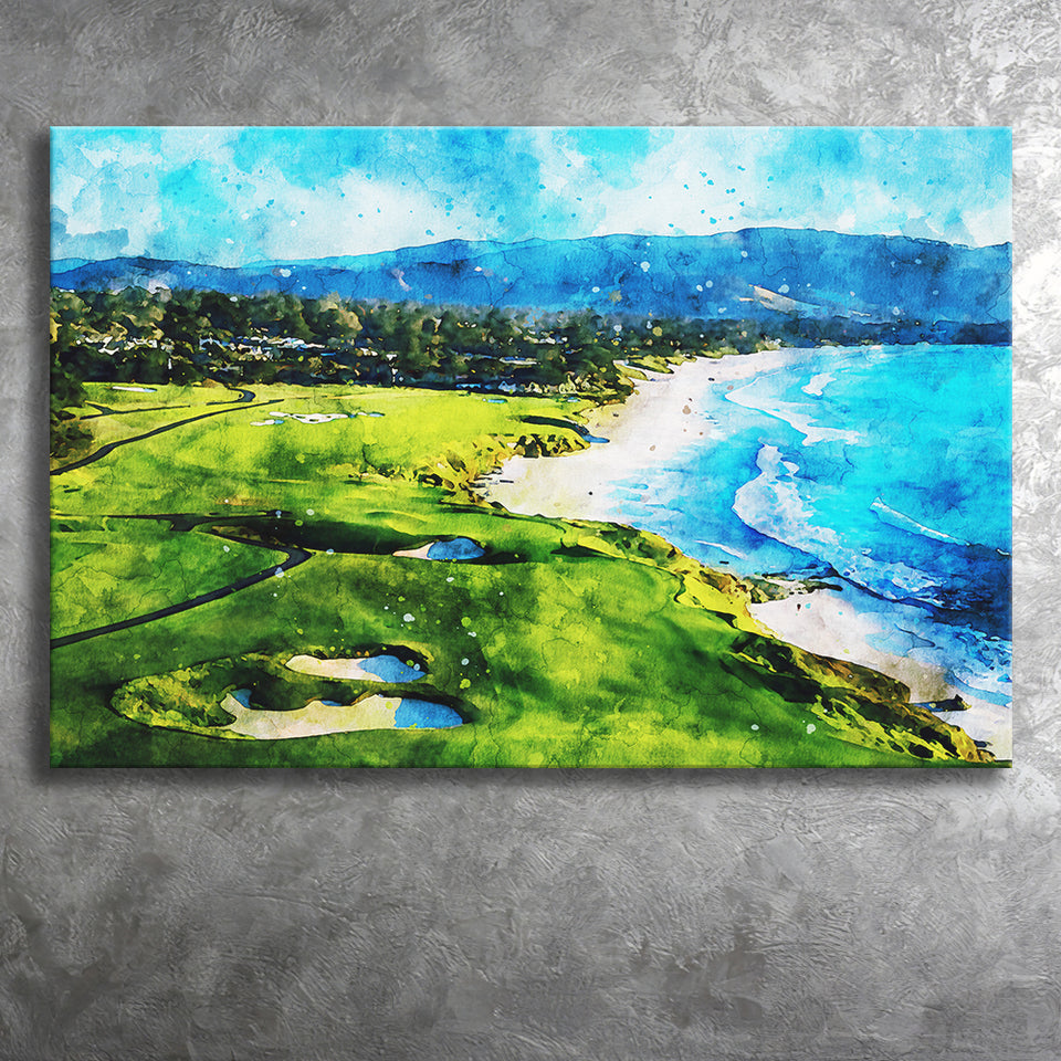 Pebble Beach Golf Links 9Th & 10Th Holes, Watercolor Painting, Golf Art Print, Gift for him, Canvas Prints Wall Art
