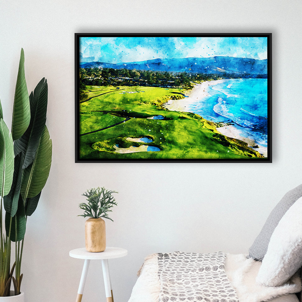 Pebble Beach Golf Links Holes 9&10, Watercolor Painting, Golf Art Print, Gift for him, Framed Canvas Prints Wall Art
