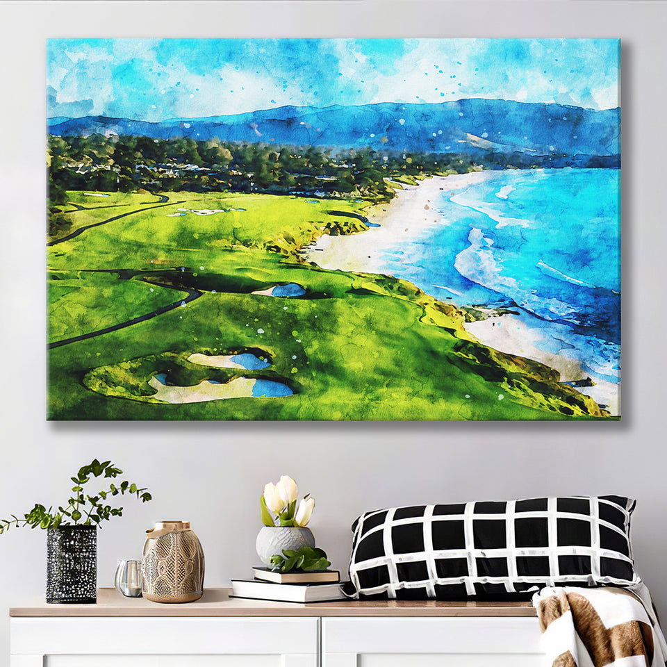 Pebble Beach Golf Links 9Th & 10Th Holes, Watercolor Painting, Golf Art Print, Gift for him, Canvas Prints Wall Art