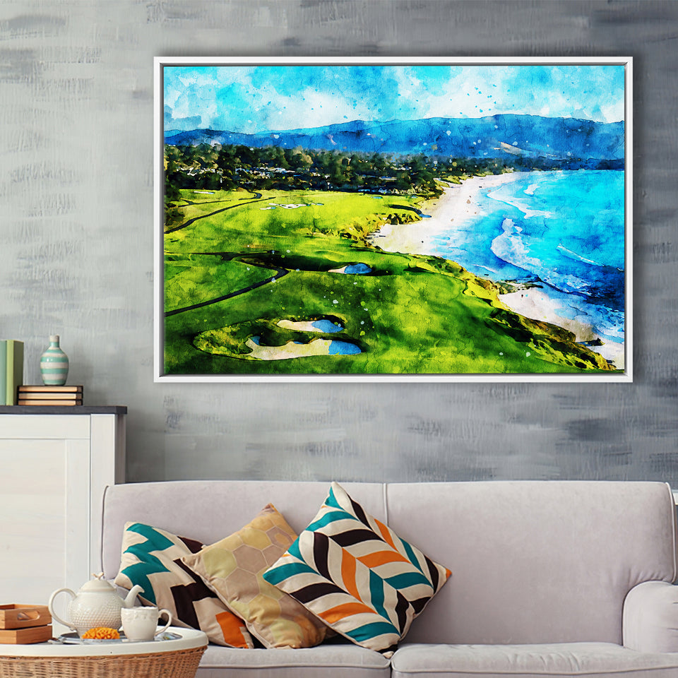 Pebble Beach Golf Links Holes 9&10, Watercolor Painting, Golf Art Print, Gift for him, Framed Canvas Prints Wall Art