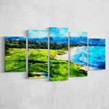 Pebble Beach Golf Links 9Th & 10Th Holes, Watercolor Painting, Golf Art Print, Mixed 5 Panel, Canvas Prints Wall Art