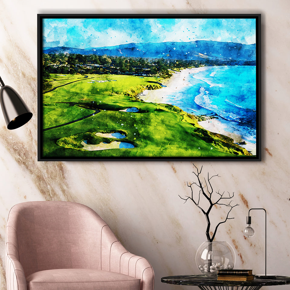 Pebble Beach Golf Links Holes 9&10, Watercolor Painting, Golf Art Print, Gift for him, Framed Canvas Prints Wall Art
