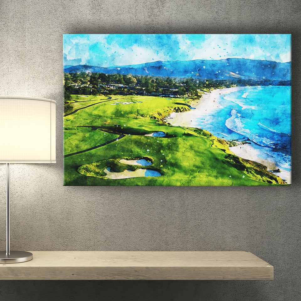 Pebble Beach Golf Links 9Th & 10Th Holes, Watercolor Painting, Golf Art Print, Gift for him, Canvas Prints Wall Art