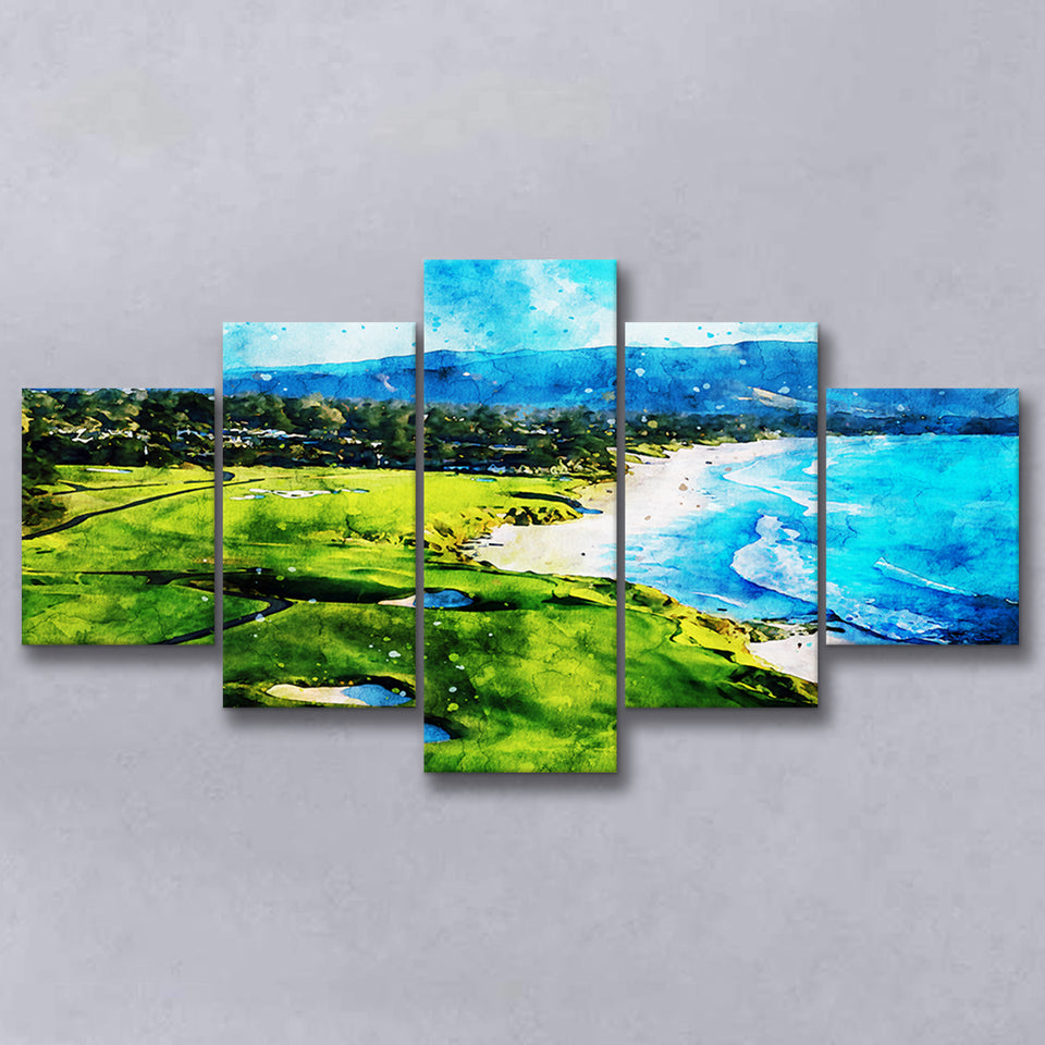 Pebble Beach Golf Links 9Th & 10Th Holes, Watercolor Painting, Golf Art Print, Mixed 5 Panel, Canvas Prints Wall Art