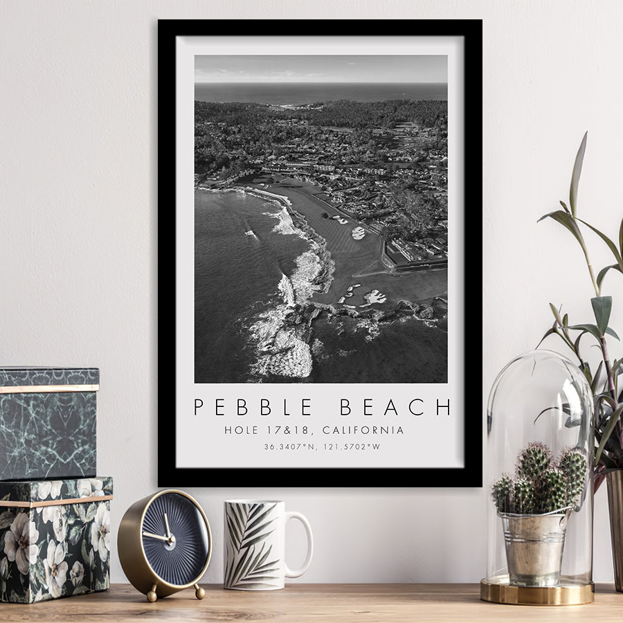 Pebble Beach Golf Links Aerial Hole 17 & 18, California, Golf Art, Gift for him, Framed Art Print Wall Decor