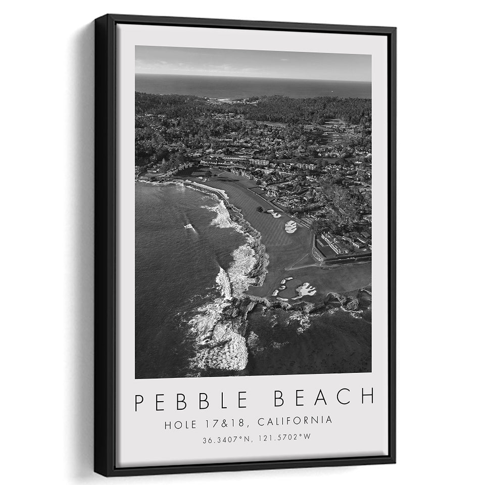 Pebble Beach Golf Links, Hole 17&18, California, Golf Art Print, Floating Frame, Framed Canvas Print Wall Art