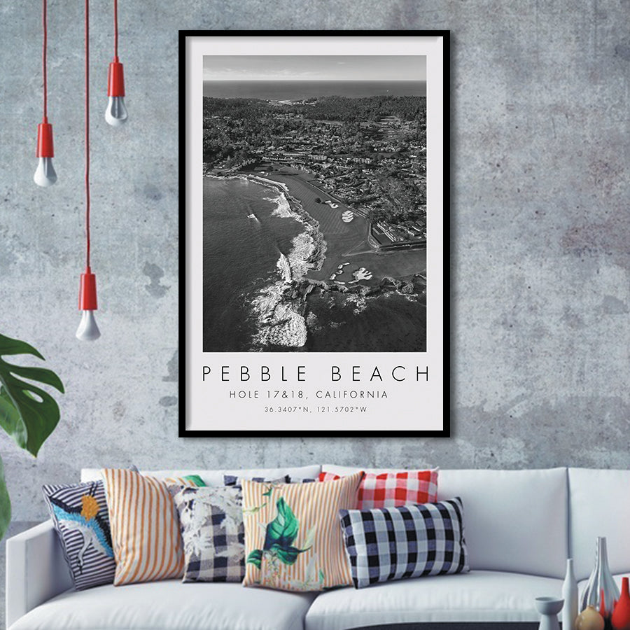 Pebble Beach Golf Links Aerial Hole 17 & 18, California, Golf Art, Gift for him, Framed Art Print Wall Decor