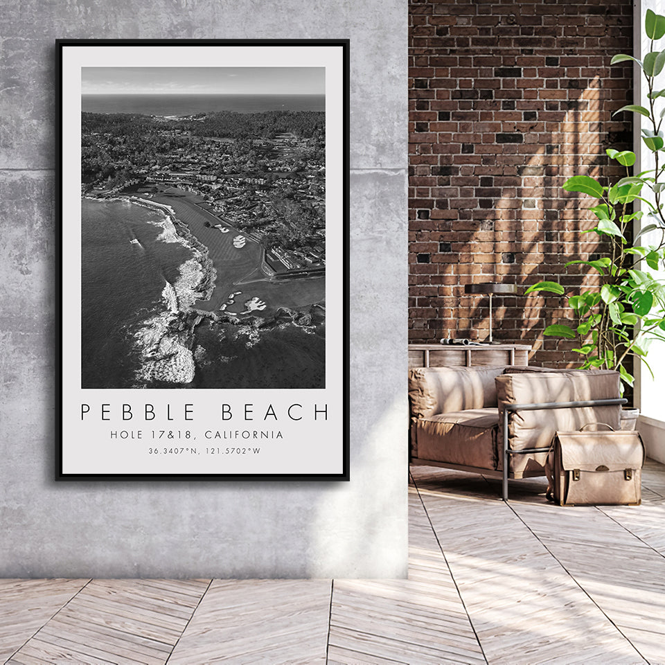 Pebble Beach Golf Links, Hole 17&18, California, Golf Art Print, Floating Frame, Framed Canvas Print Wall Art