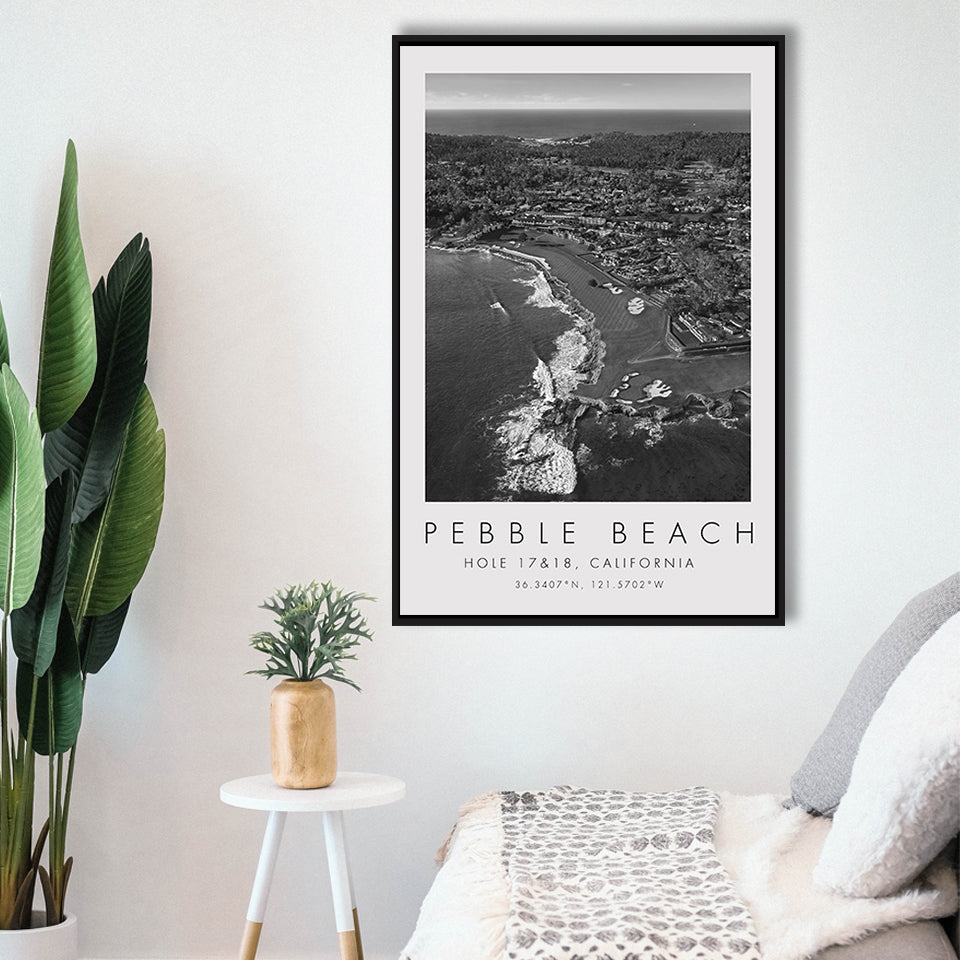 Pebble Beach Golf Links, Hole 17&18, California, Golf Art Print, Floating Frame, Framed Canvas Print Wall Art