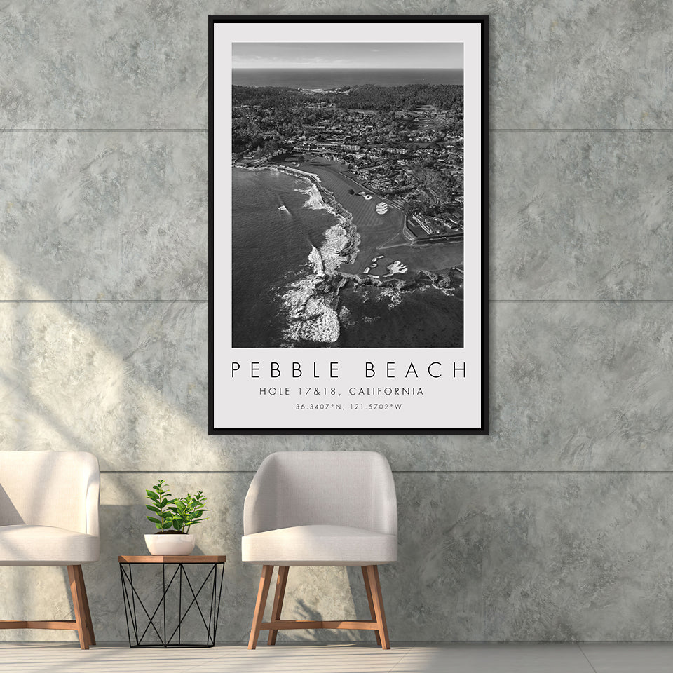 Pebble Beach Golf Links, Hole 17&18, California, Golf Art Print, Floating Frame, Framed Canvas Print Wall Art