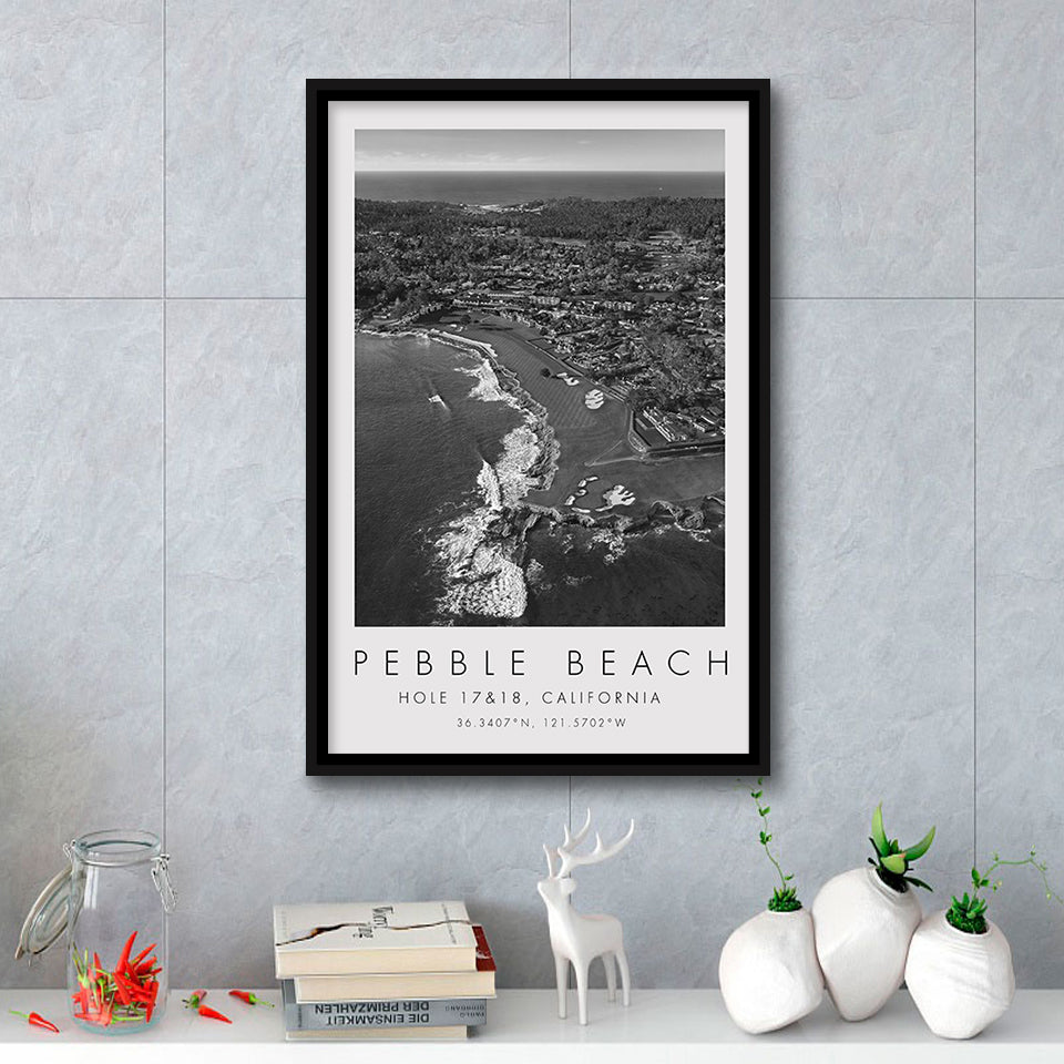 Pebble Beach Golf Links, Hole 17&18, California, Golf Art Print, Floating Frame, Framed Canvas Print Wall Art