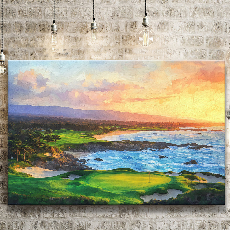 Pebble Beach Golf Links Aerial In Sunset Painting, Golf Art Print, Gift for him, Canvas Prints Wall Art