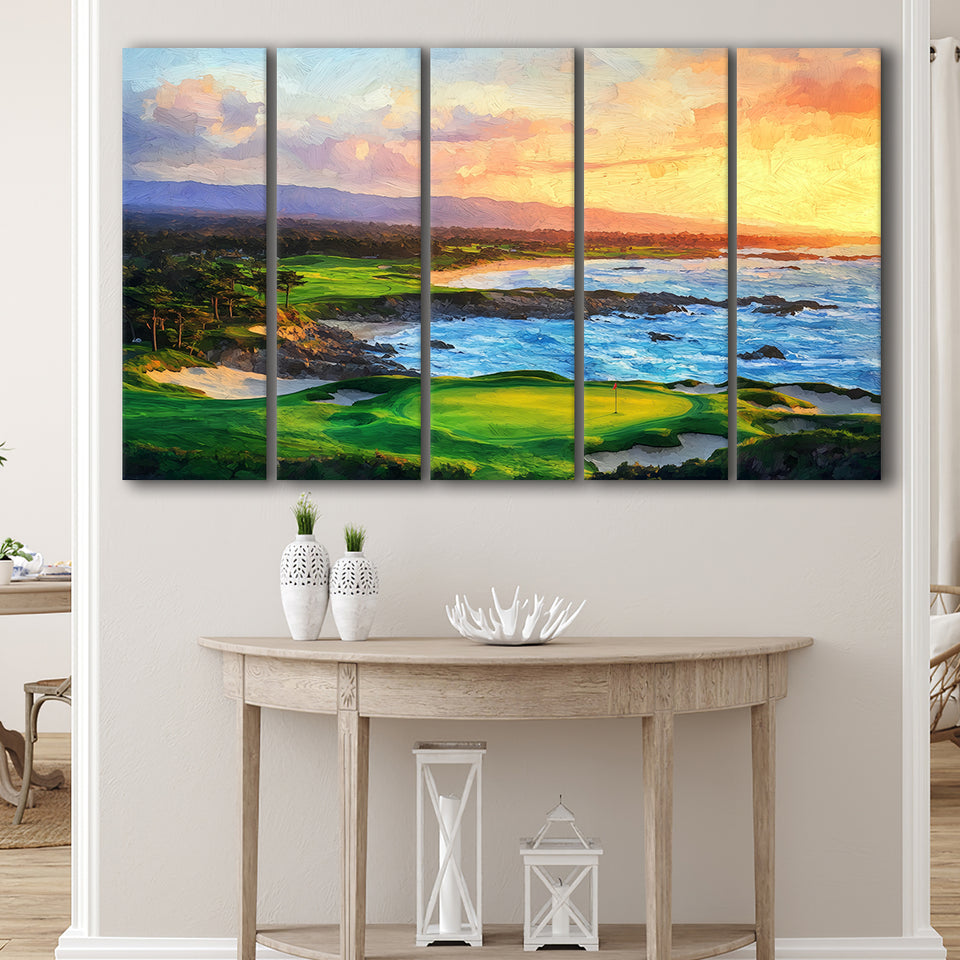 Pebble Beach Golf Links Aerial In Sunset Painting, Golf Art Print, Extra Large 5 Panel, Canvas Prints Wall Art