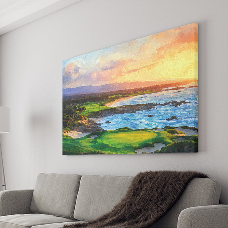 Pebble Beach Golf Links Aerial In Sunset Painting, Golf Art Print, Gift for him, Canvas Prints Wall Art
