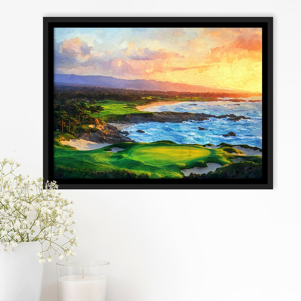 Pebble Beach Golf Links Aerial In Sunset Painting, Golf Art Print, Gift for him, Framed Canvas Prints Wall Art