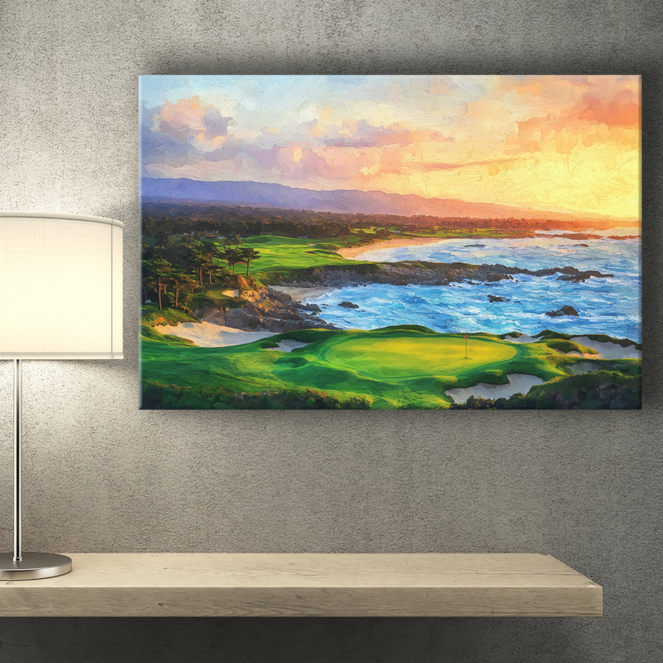 Pebble Beach Golf Links Aerial In Sunset Painting, Golf Art Print, Gift for him, Canvas Prints Wall Art