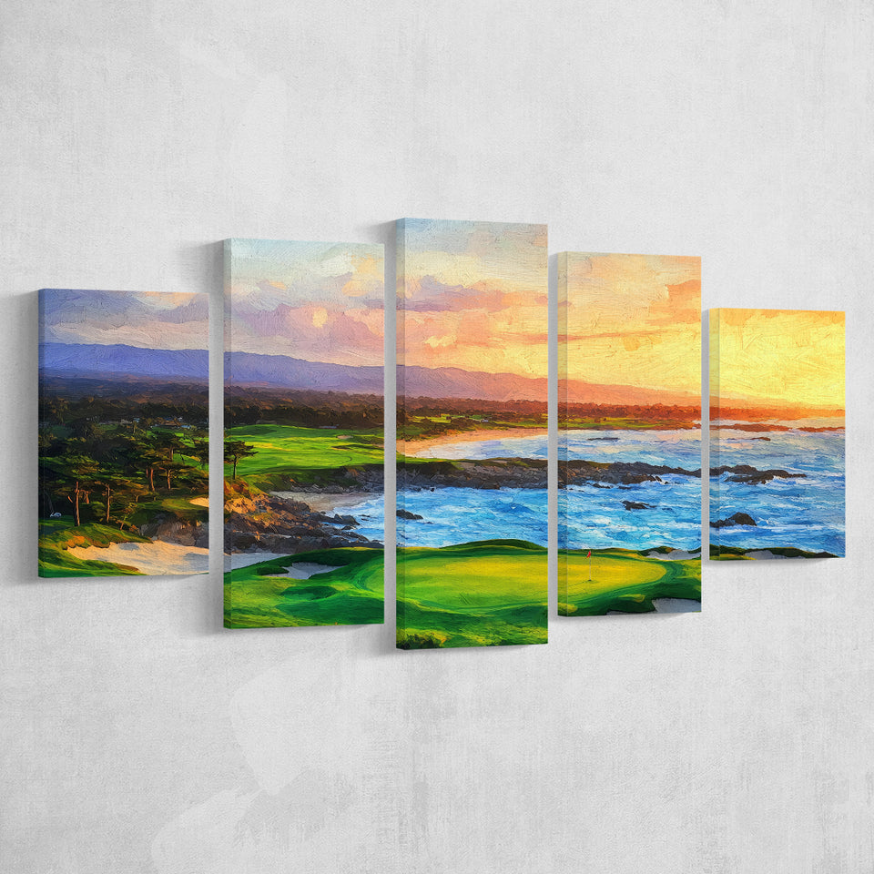 Pebble Beach Golf Links Aerial In Sunset Painting, Golf Art Print, Mixed 5 Panel, Canvas Prints Wall Art