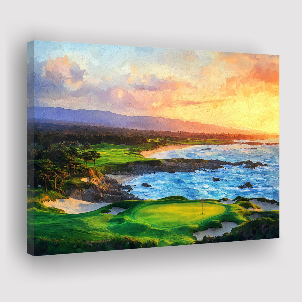 Pebble Beach Golf Links Aerial In Sunset Painting, Golf Art Print, Gift for him, Canvas Prints Wall Art